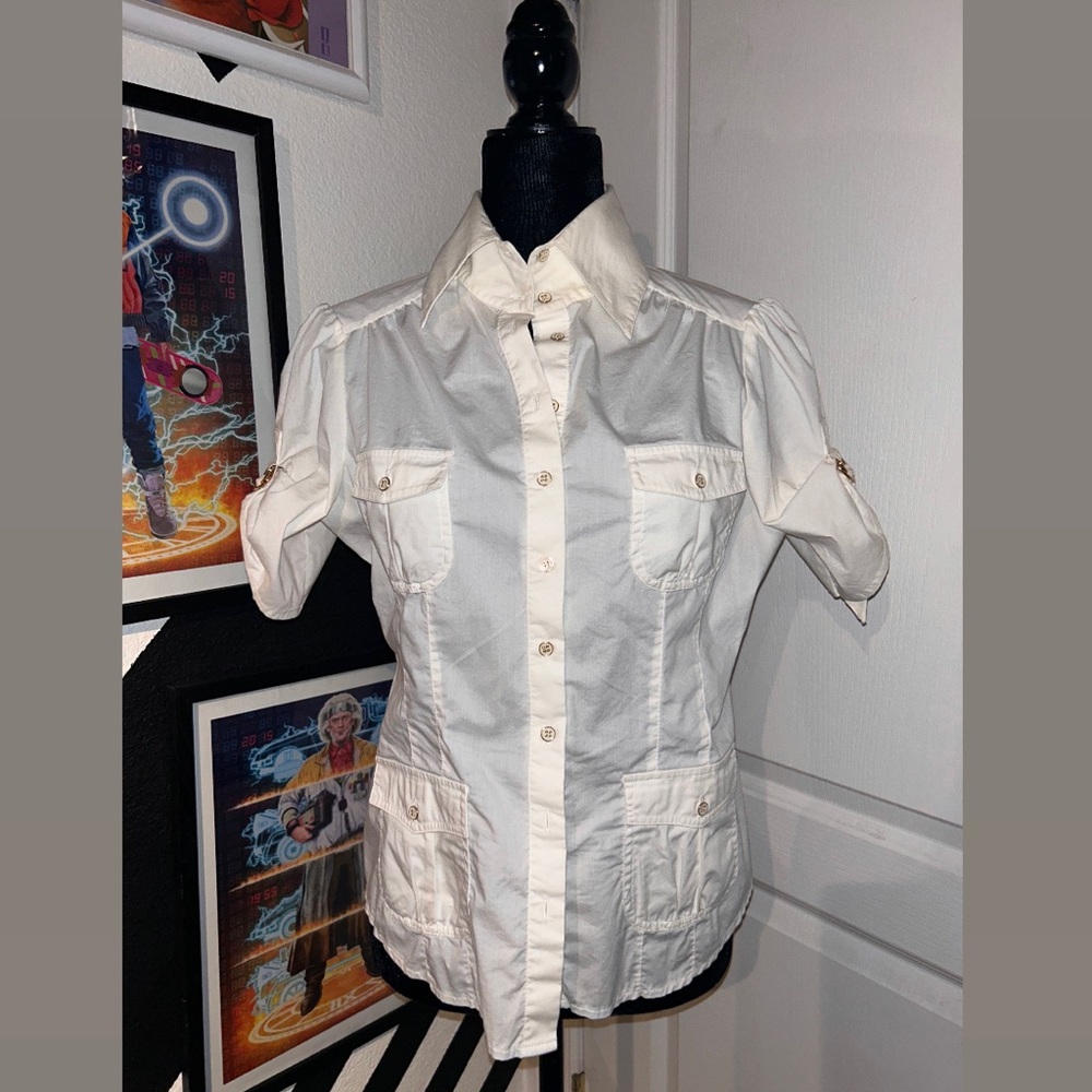 Bebe - White Shortsleeved Dress Shirt w/ gold details - Women’s Size Large
